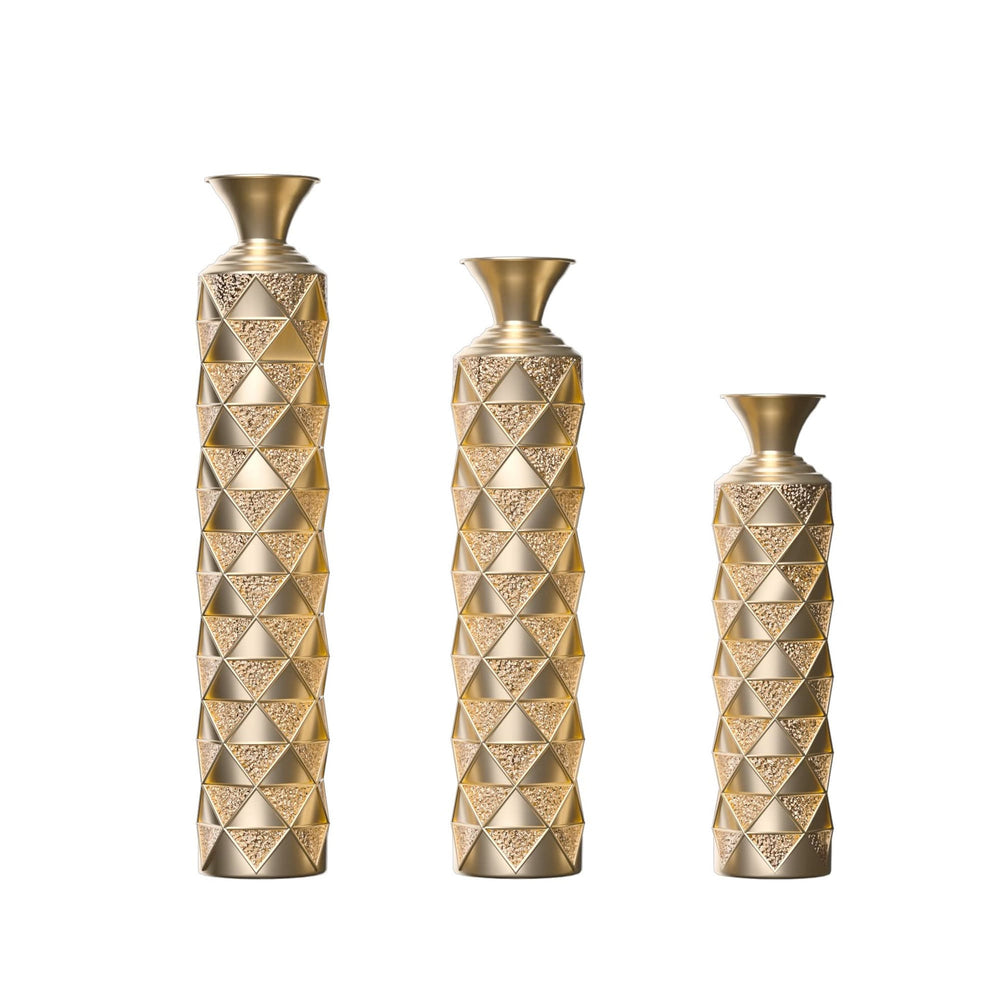 Metal Decorative Vase High Distress Metal Center Vase With 3D Triangle Pattern, Set Of 3 Vases for Home Decoration 33.5', 29.5', 25.2'High, Gold Media 1