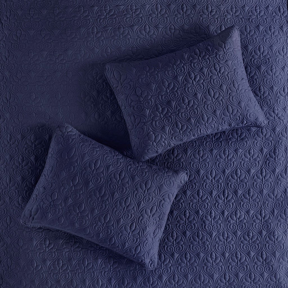 3 Piece Split Corner Pleated Quilted Bedspread Navy Queen Media 9