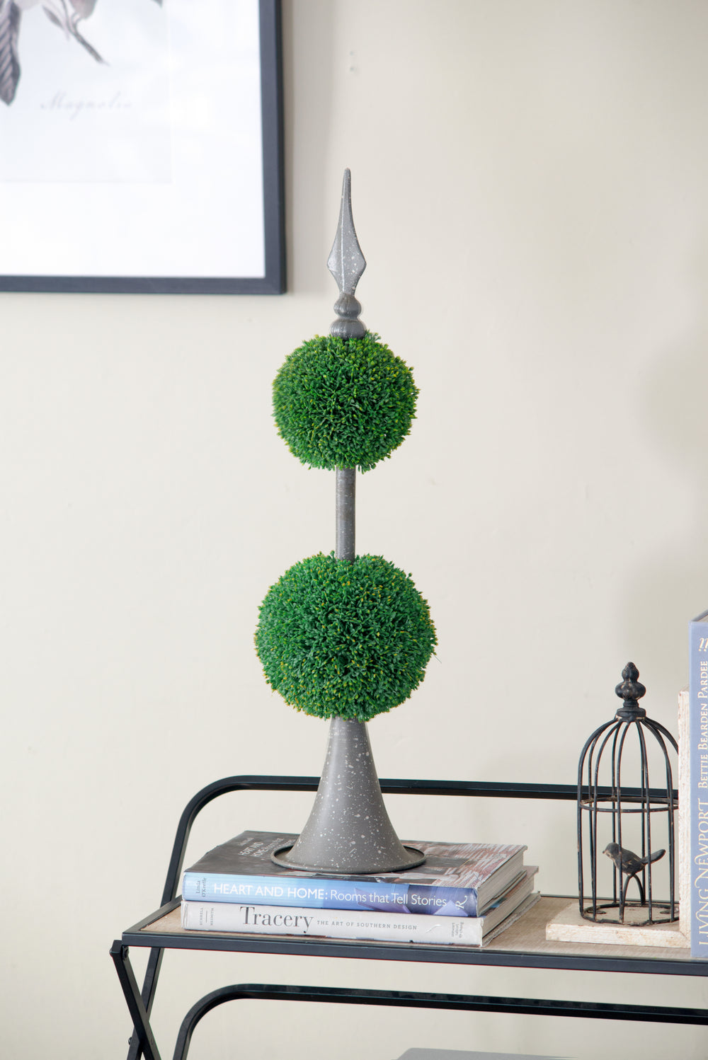 D7x26.5' Artificial Two-Tiered Boxwood Sphere Topiary on Metal Spire Media 6