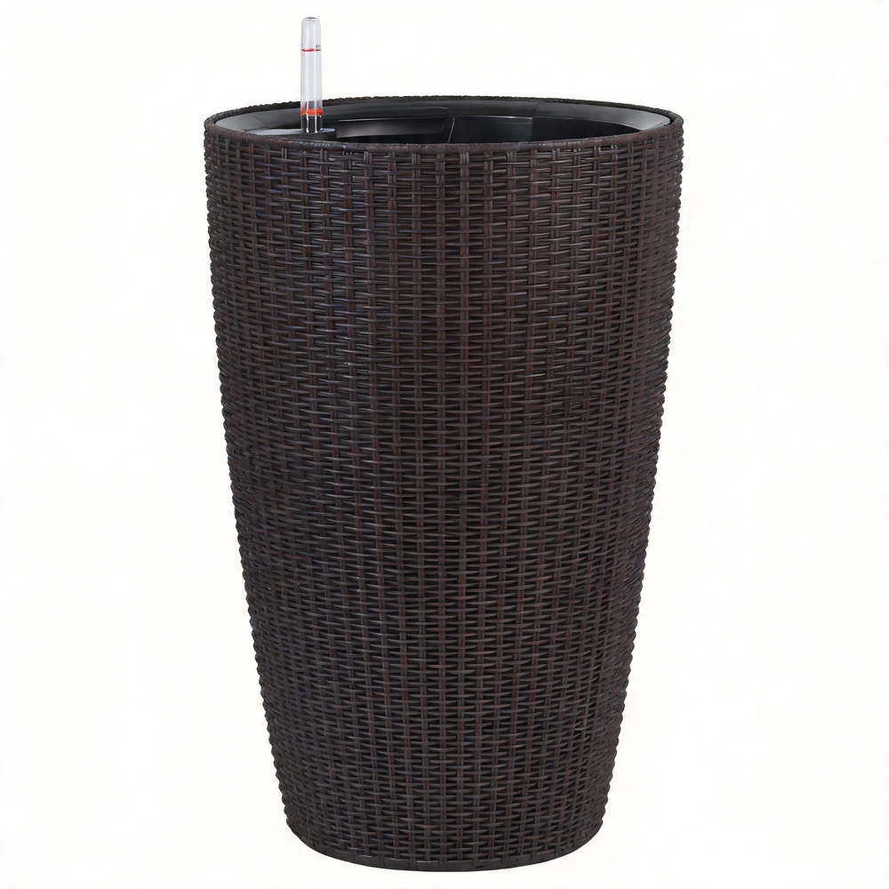 Faux Rattan Tall Planters Set of 2 with Water Level Monitor and Automatic Watering, Brown, 22 Inch Media 1