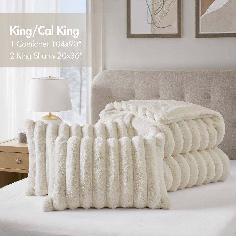 3-Piece King  soft Faux Fur Ribbed Comforter Set,Ivory Media 12