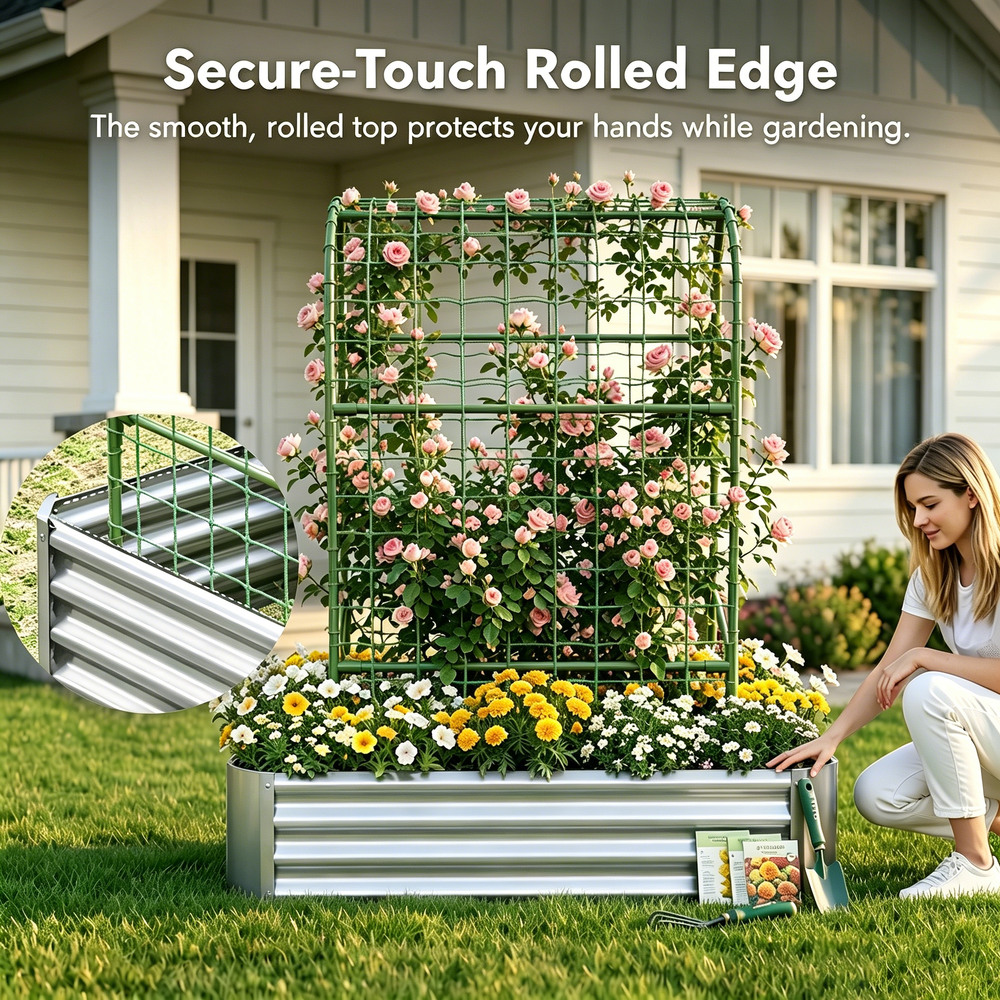 2-in-1 Raised Garden Bed with Trellis - 59' Tall Arch Planter Box for Climbing Plants, Outdoor Galvanized Metal Gardening Bed for Vegetables, Fruits, Flowers (Silver, 4x2x1 Ft) Media 6