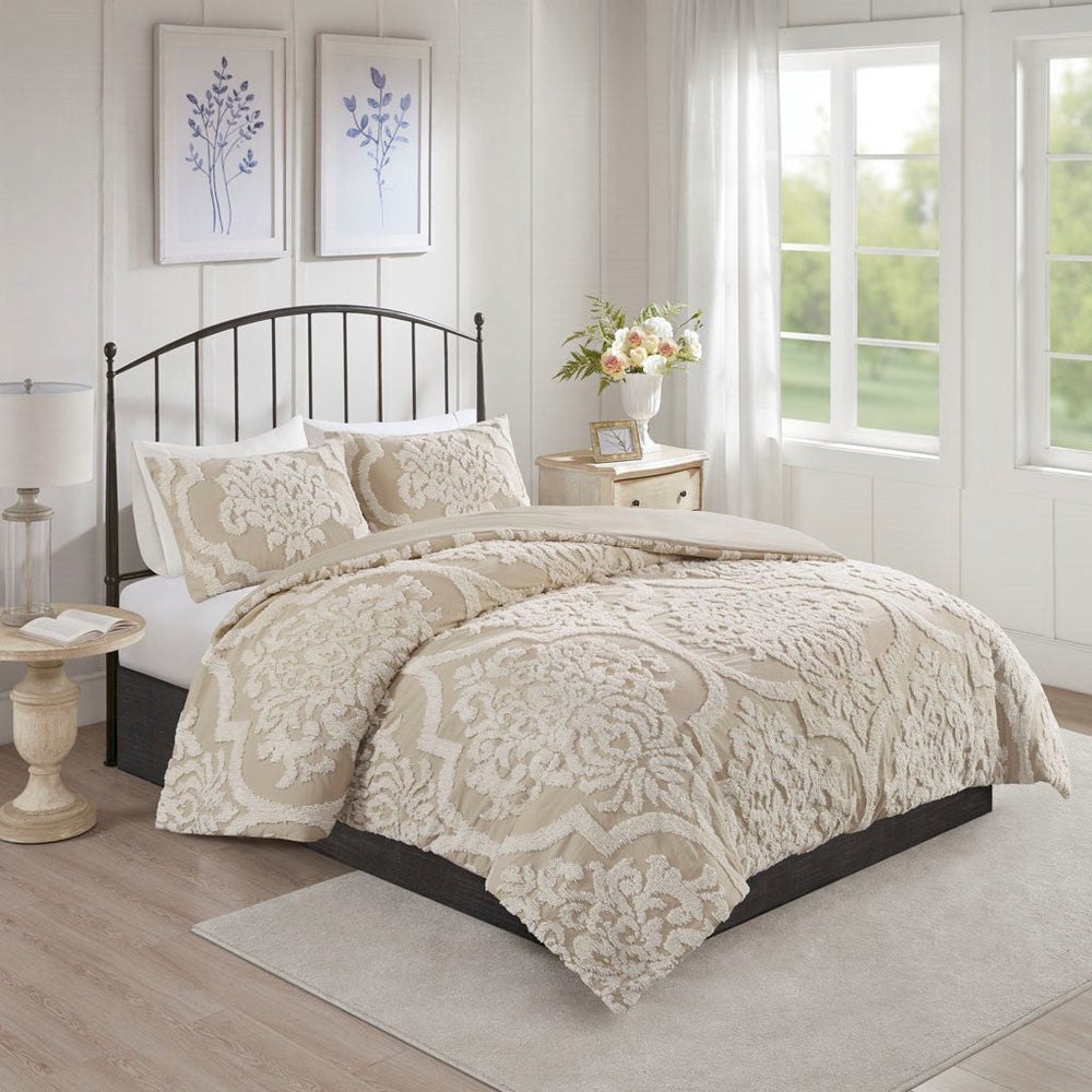 King/Cal King 3 piece Tufted Cotton Chenille Damask Duvet Cover Set Media 4