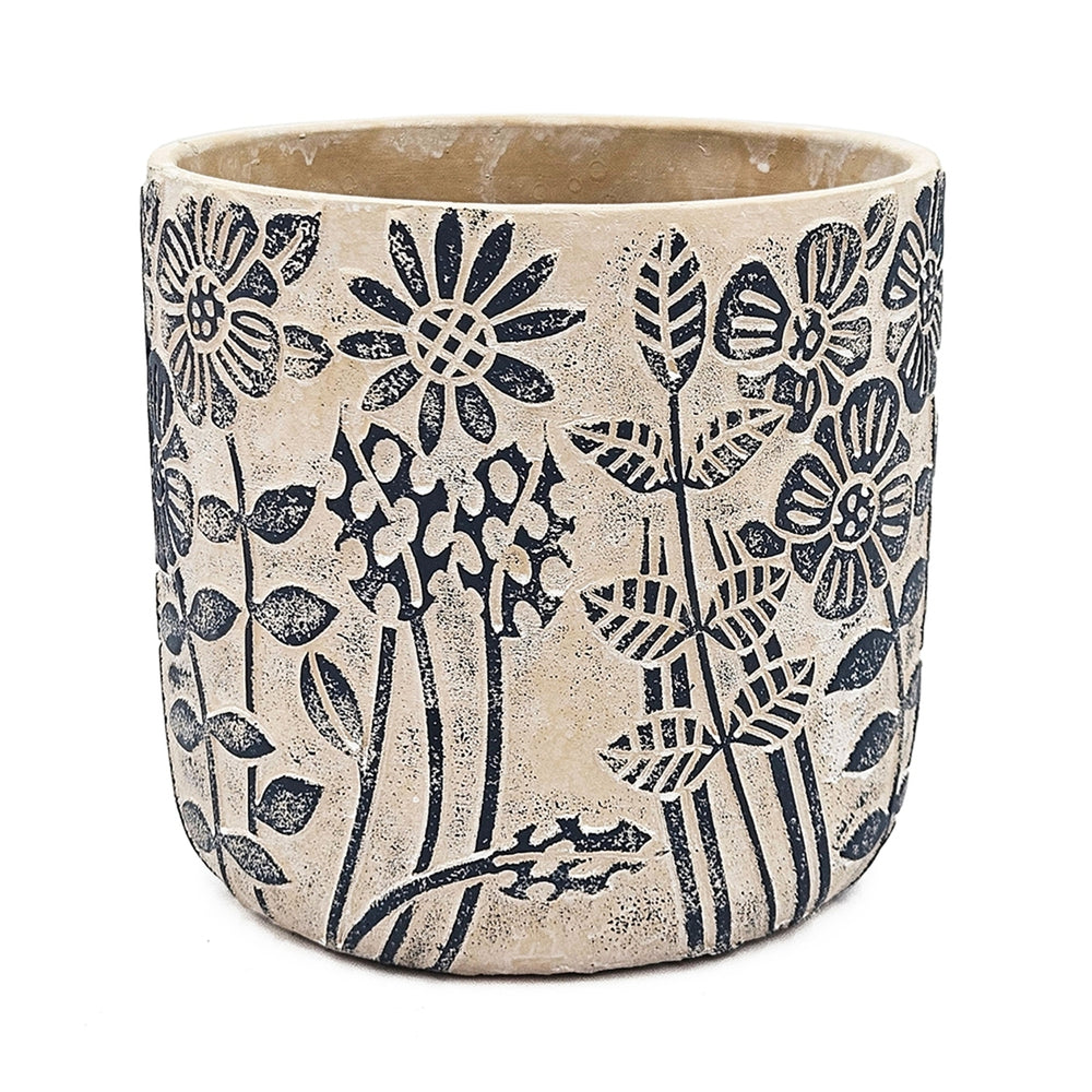 S/2 Gray Sand and Cement Planters with Blue Floral Motif, L:D7x6.7' S:D5.5x5' Media 5