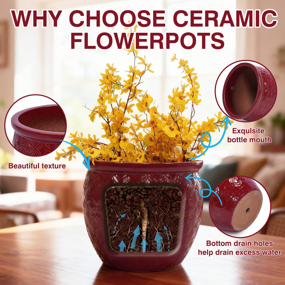 Handmade Ceramic Flower Pot Set of 3, 15/12/10 Inch Diameter, Deep Red with Floral Embossed Pattern, for Orchids Indoor/Outdoor Use on Windowsill & Bookshelf, Breathable Clay Media 11