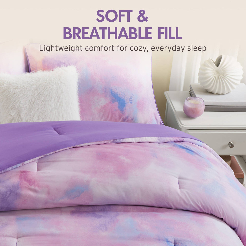 3 Pieces Twin/Twin XL Watercolor Tie Dye Printed Comforter Set with Throw Pillow,Purple Media 2