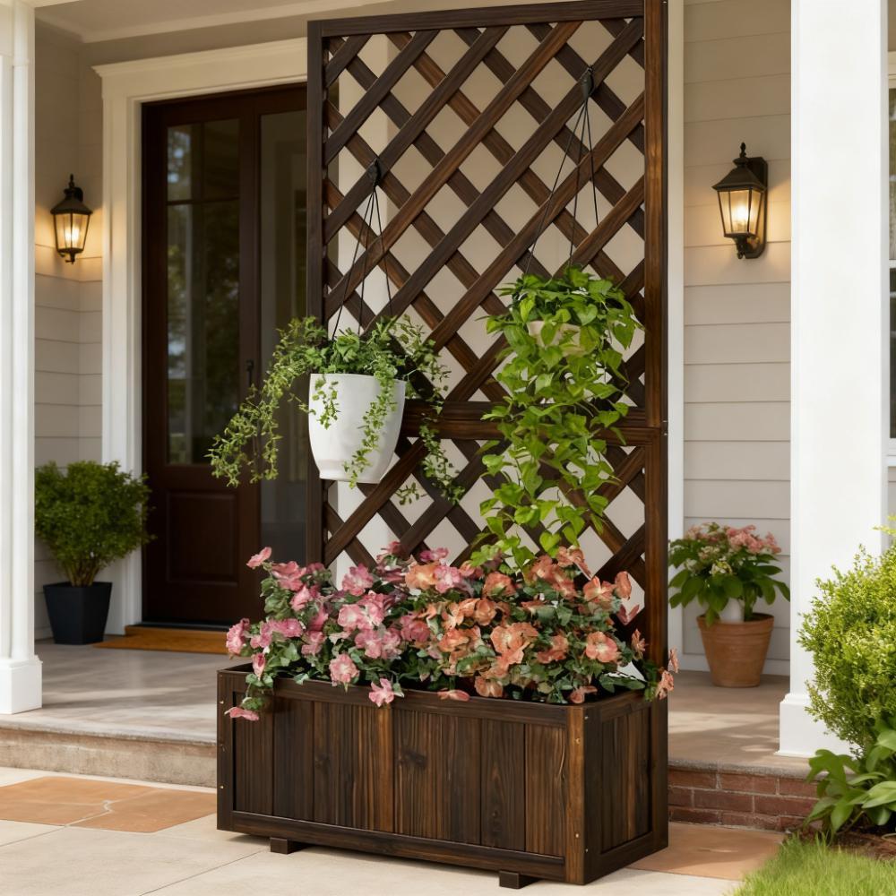 Garden Bed,Wooden Raised Garden Bed Planting Planter Box with Trellis and Drain Holes for Climbing Vine Plants Media 1