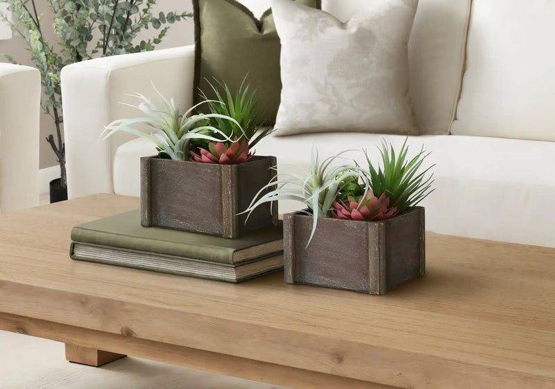 Artificial Plant, Set Of 2, 10' Tall, Succulent, Table, Brown Wooden Pots, Contemporary, Modern