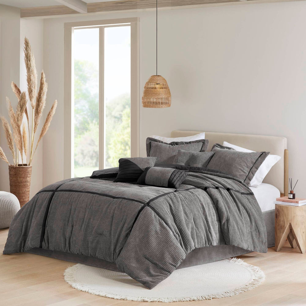 7 Piece Micro Corduroy Comforter Set Grey King Media 2
