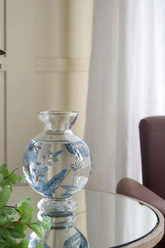 Round Clear Glass Vase with Blue and Gold Botanical Motifs perspective