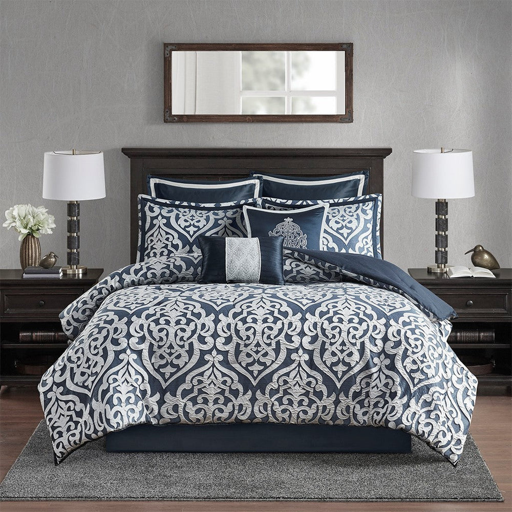 8 Piece Jacquard Comforter Set Navy/Silver Queen Media 12