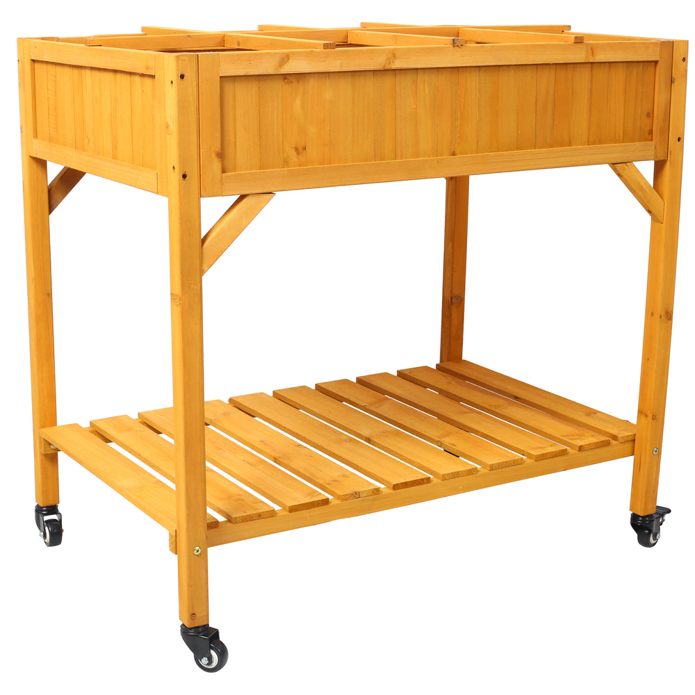 Elevated 8 Pocket Herb Garden Bed, Mobile Raised Customizable Wood Planter for Herbs, Vegetables, Flowers w/ Lockable Wheels, Storage Shelf, Drainage Holes Media 6