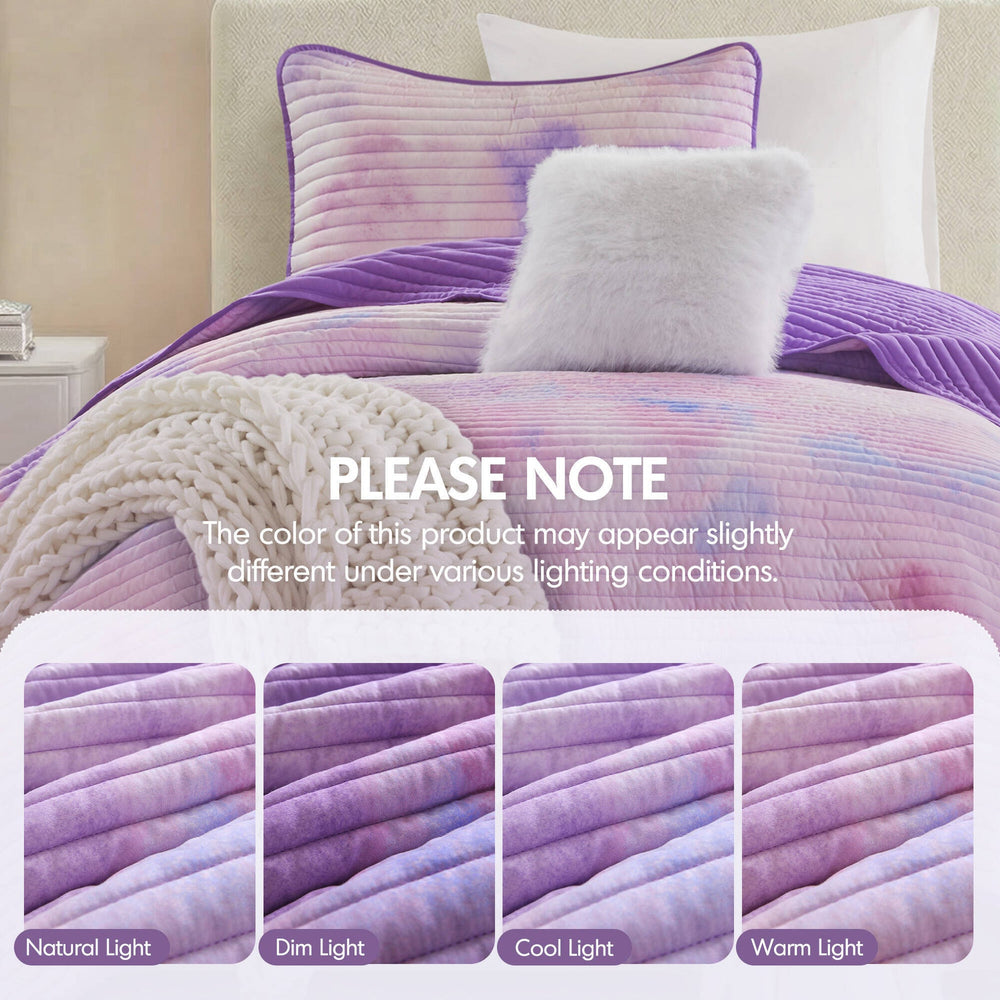 3 Pieces Twin/Twin XL Watercolor Tie Dye Printed Quilt Set with Throw Pillow,Purple Media 6