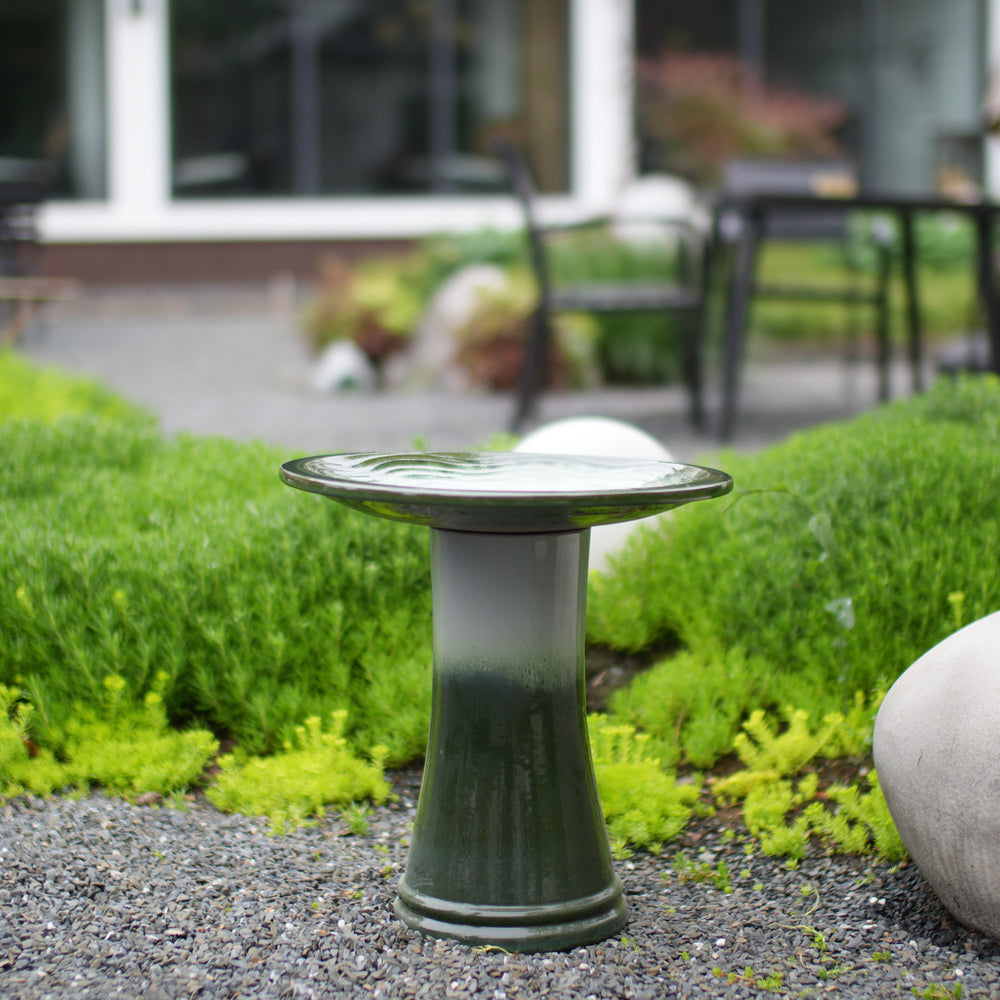 Handmade glazed ceramic bird bath, 17' concentric ripple embossed tray & 18' pedestal base, white to sage green ombre gradient glaze outdoor bird feeder for yard, lawn, patio & backyard Media 2