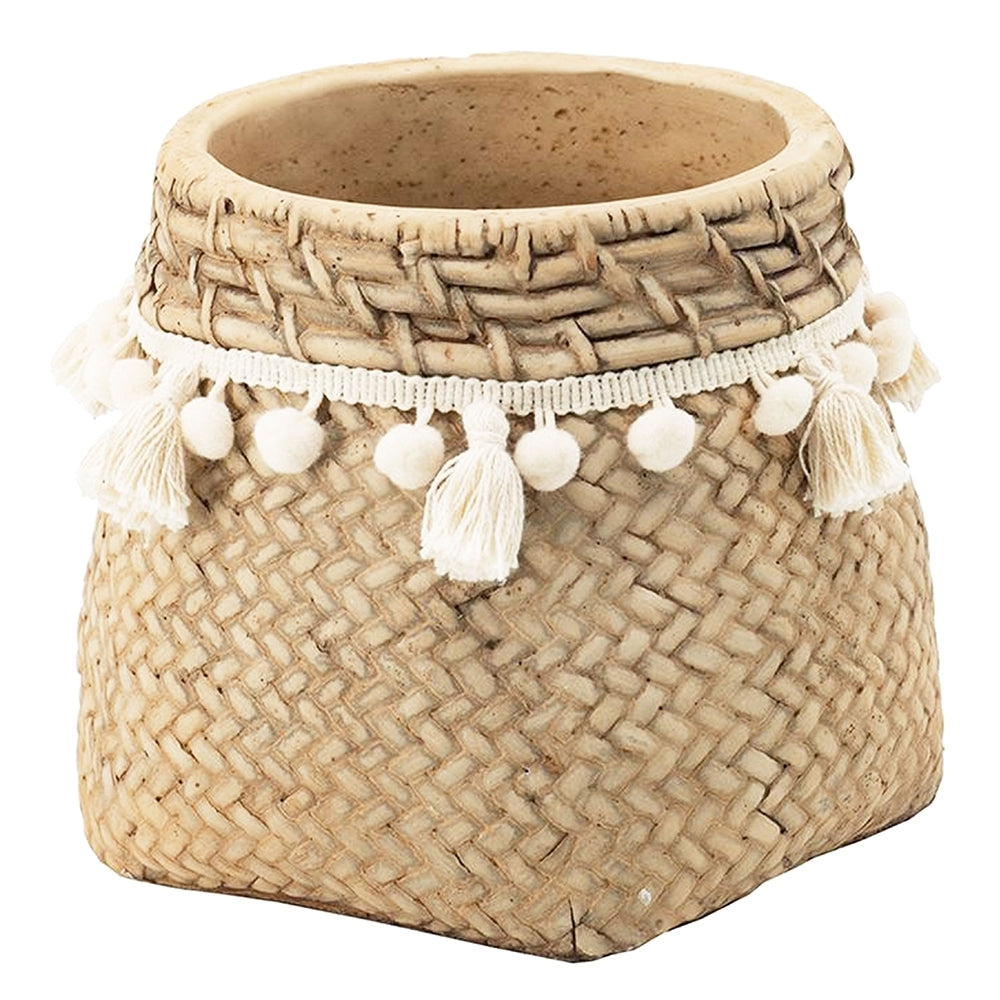 Set of 2 6.5x6.5x6' Brown Cement Planter with Woven Tassel Accent Media 4