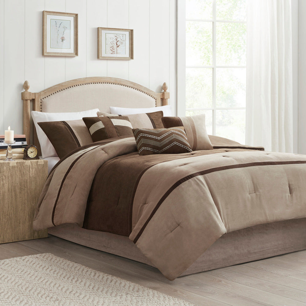 7 Piece Faux Suede Comforter Set Brown Cal King Media 1