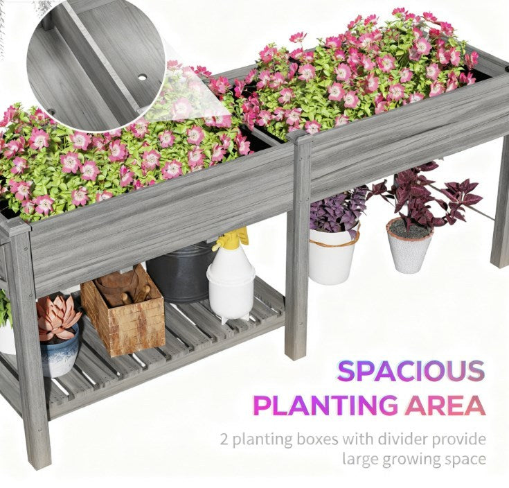 Spacious Elevated Garden Bed,Wood Raised Garden Box,with Side Table,Bottom Shelf,Bed Liners and Drainage Holes