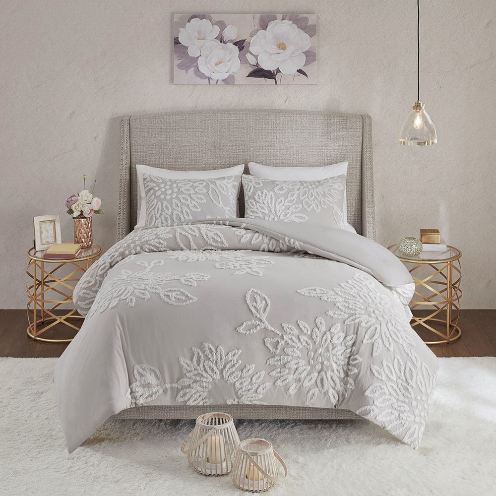 Full/Queen 3 Piece Tufted Cotton Chenille Floral Duvet Cover Set Media 1