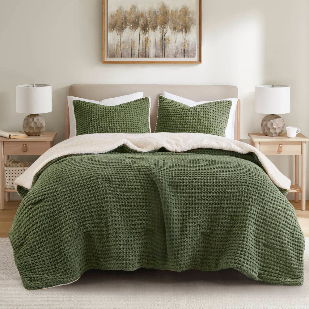 3 Pieces King/Cal King Waffle Knit Chenille Comforter Set,Olive Media 1