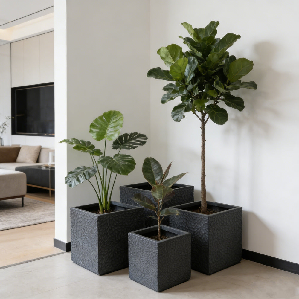 Large Outdoor Indoor Planter, 16.9'+14.37'+11.6' +9.25''Dia Square Magnesium Oxide Planter Set of 4, Flower Pots with Drainage Holes,  Modern Design, Grey Color Planter for Home Garden Patio Media 1