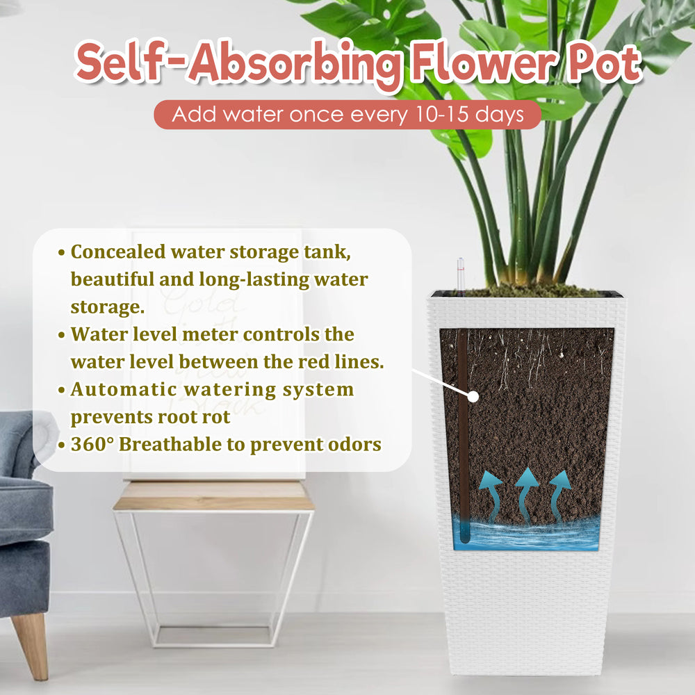 White Faux Rattan Self-Watering Flower Pot with Drainage Holes and Water Level Monitor, 30 in Tall Indoor Outdoor Planter for Garden Patio Porch Backyard Media 4