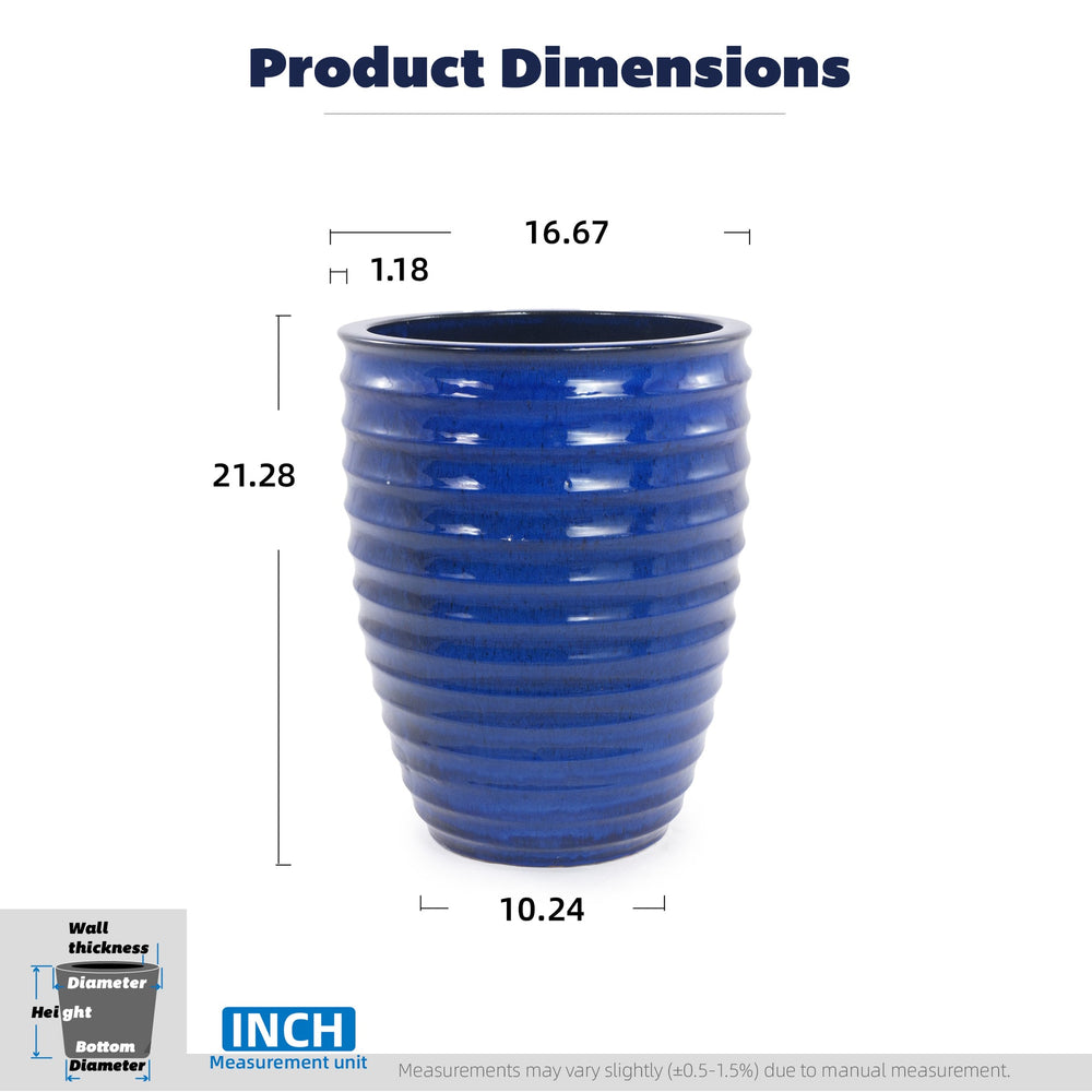 Handmade Sapphire Blue Ceramic Planter, 17 Inch Diameter, 1 Piece, Horizontal Ripples Pattern, for Monstera and Fiddle Leaf Fig, Indoor & Outdoor Doorway Use, Breathable Clay Media 5