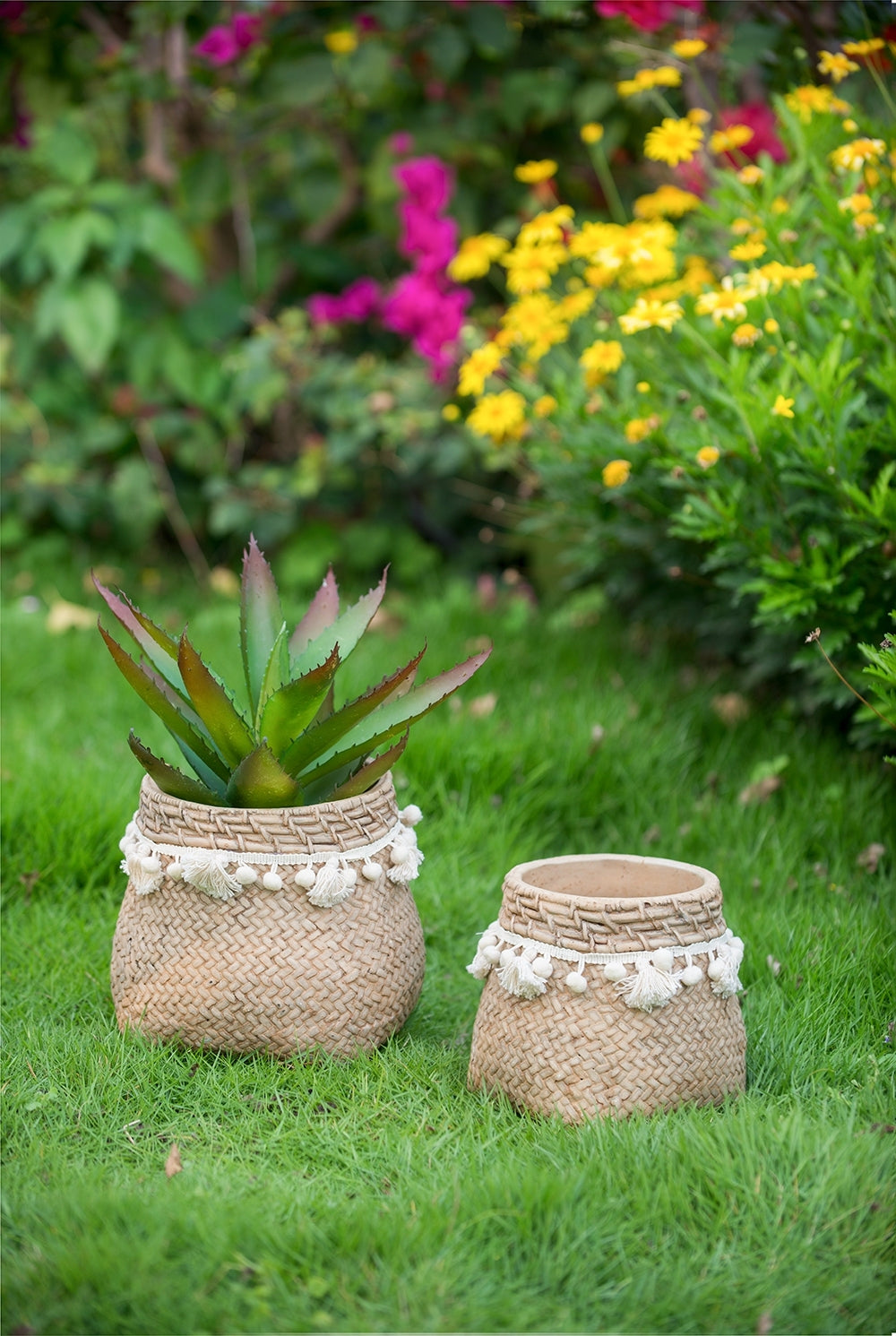 Set of 2 6.5x6.5x6' Brown Cement Planter with Woven Tassel Accent Media 11