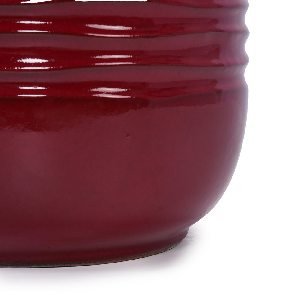 Handmade Glazed Ceramic Planter Set of 3, 15/11/8 Inch Diameter, Horizontal Groove Pattern, for Succulents & Flowering Plants Outdoor Garden & Indoor Staircase Bookshelf Use, Breathable Clay, Deep Red Media 18