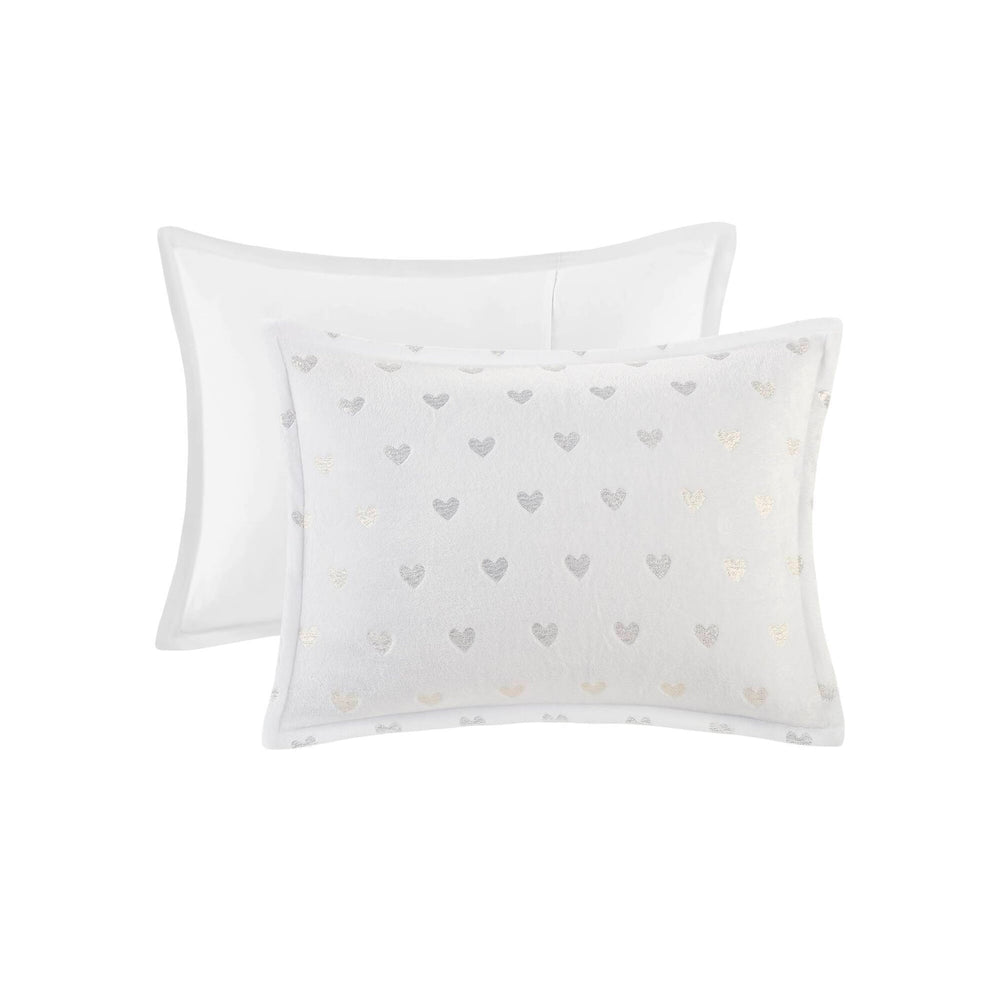 4 PCS Full/Queen Metallic Printed Plush Comforter Set with Throw Pillow White/Gold Media 8