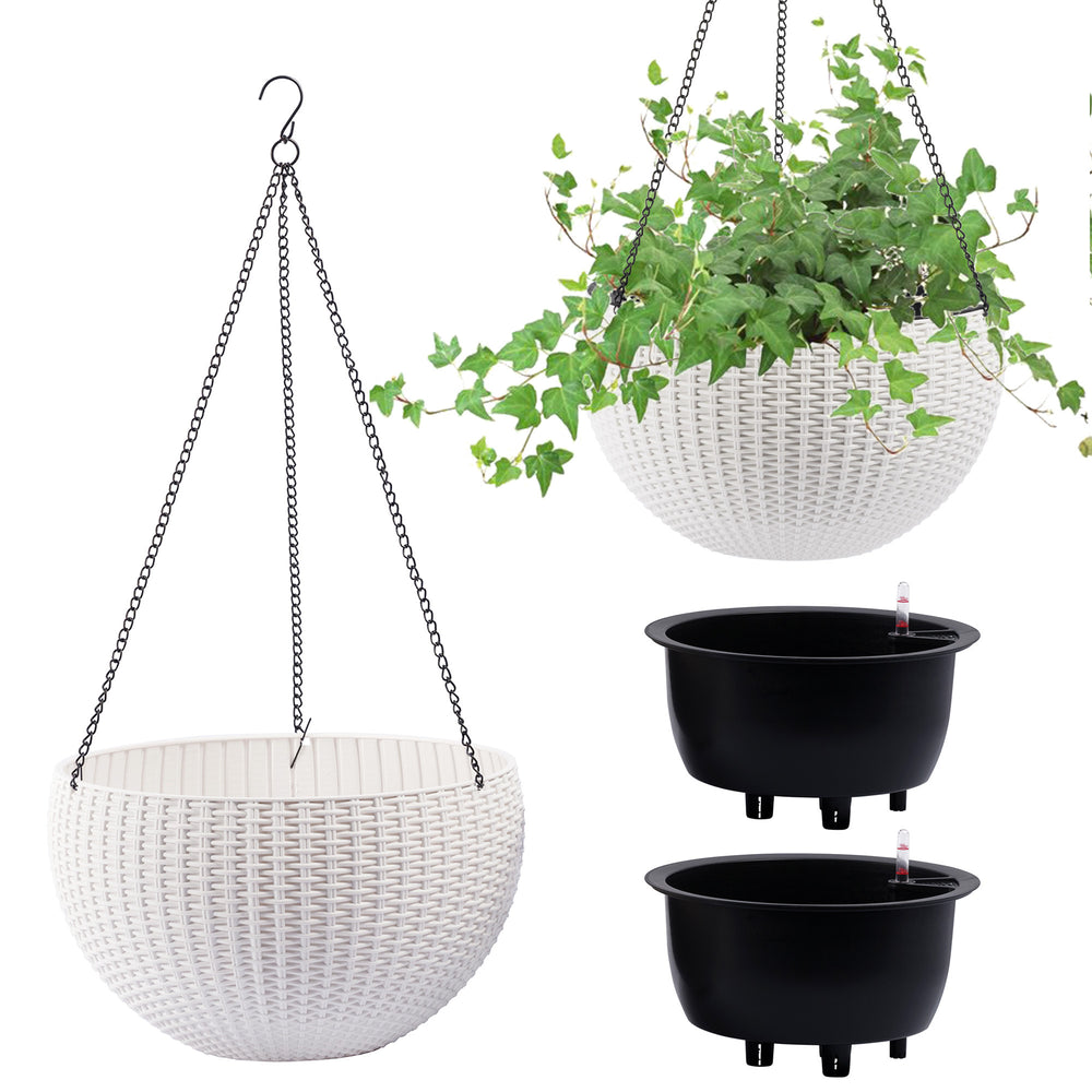 13.4 inch Self-Watering Hanging Rattan-Inspired Planter Large Capacity, Root-Rot Resistant Water Storage with Water Level Indicator, Dual-Use for Indoor & Balcony Decoration (Pack of 2, White) Media 11