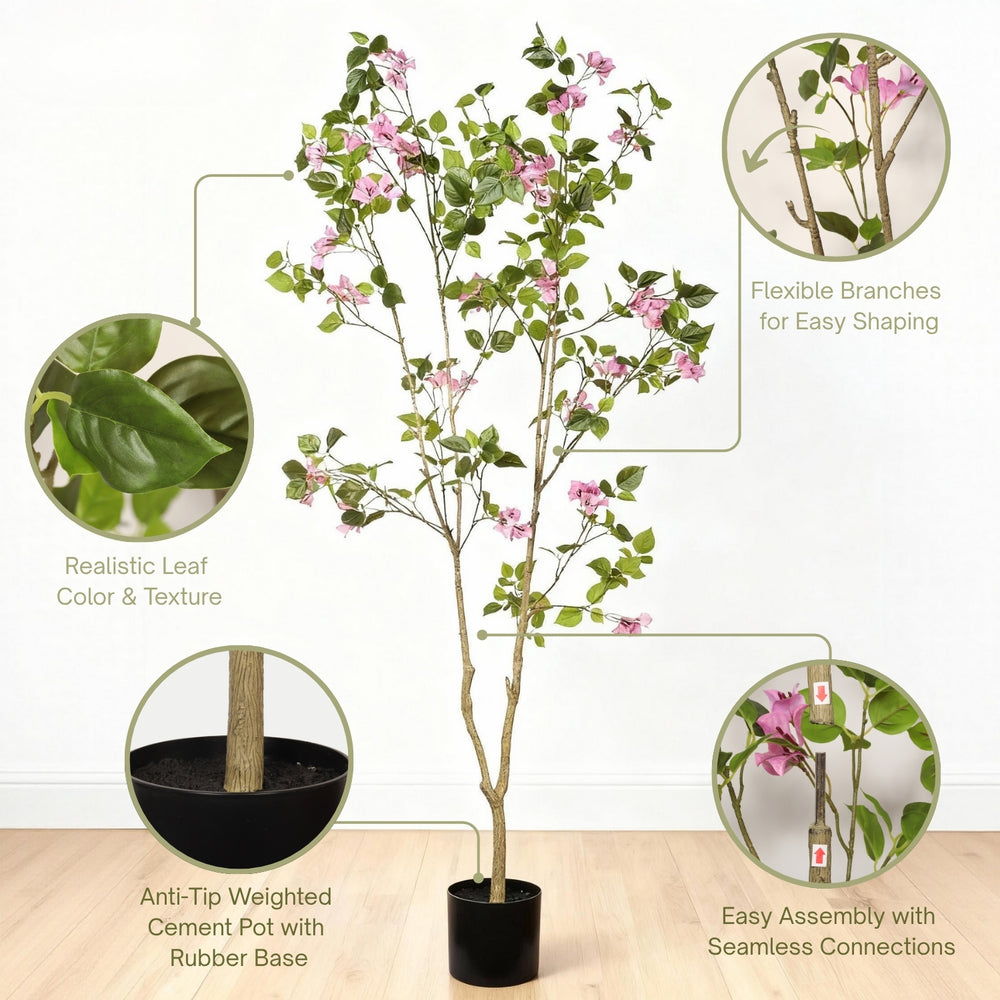 Artificial Bougainvillea Tree with Black Plastic Pot, Realistic Faux Flowering Plant in Green Leaves and Pink Blooms, 72-Inch Indoor Decor for Home Office Media 5