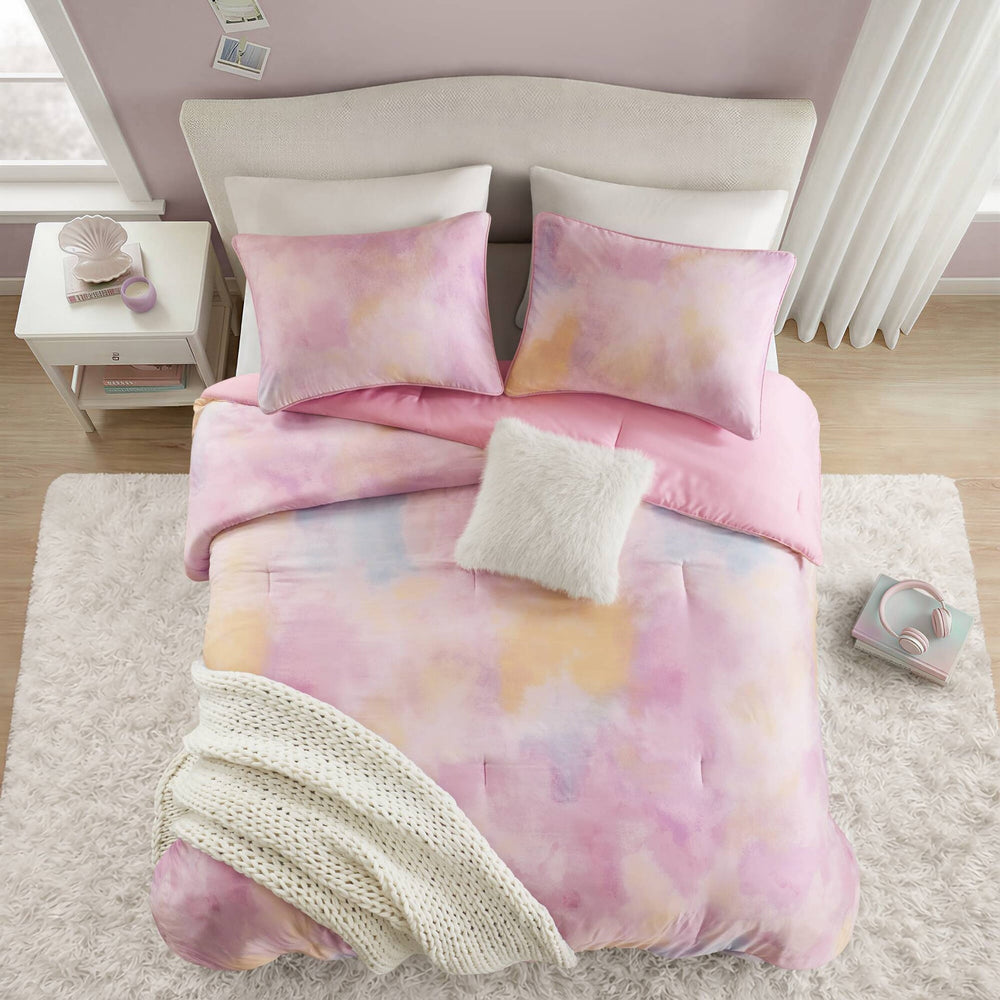 4 Pieces Full/Queen Watercolor Tie Dye Printed Comforter Set with Throw Pillow,Pink Media 19