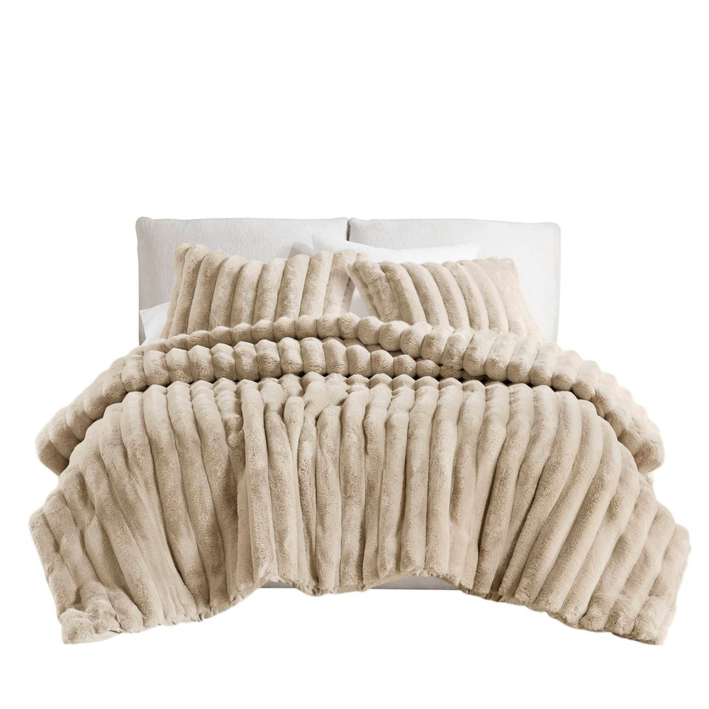 3 PCS King  soft Faux Fur Ribbed Comforter Set Taupe Media 7