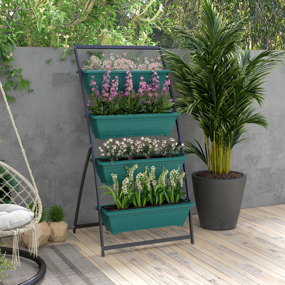 Outsunny Raised Garden Bed, 4 Tier Vertical Garden Planter Set, 4 Outdoor Planter Boxes with Stand, Self Draining Design Elevated Garden for Vegetable, Flowers & Herbs, Green Media 2