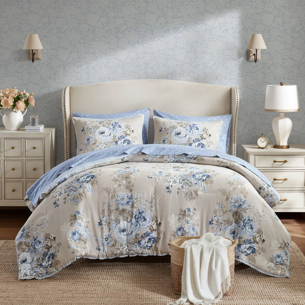 7-Piece Full 7 Piece Vin -inspired Collection floral print,Beige/Blue Media 19
