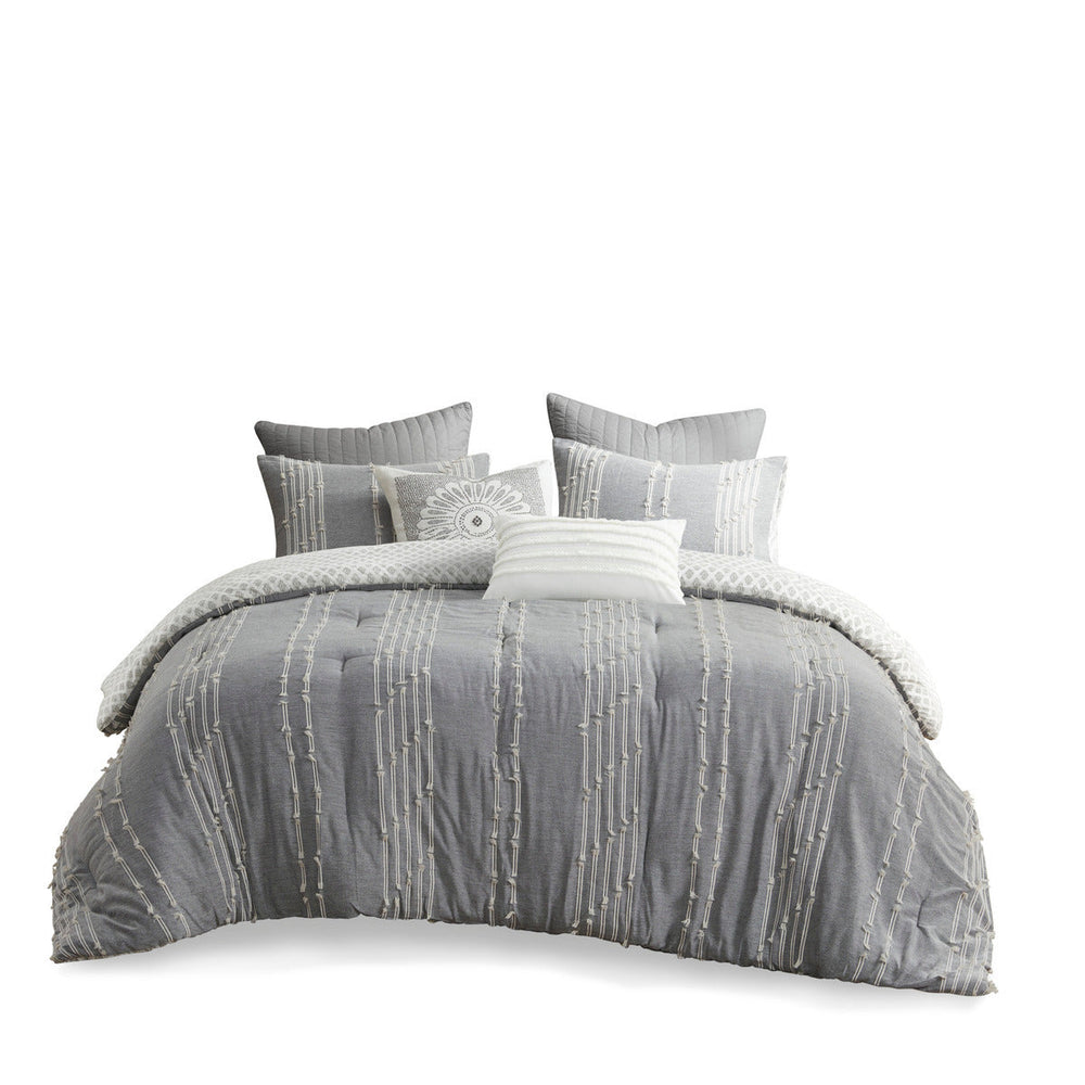 3 Piece Cotton Jacquard Comforter Set Gray Full/Queen Media 6