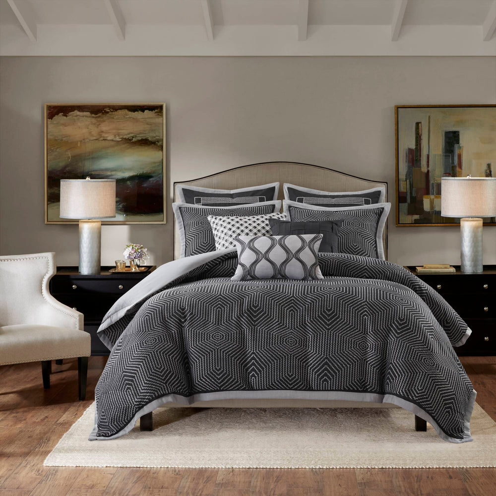 9 Pieces King Comforter Set,Black Multi Media 1