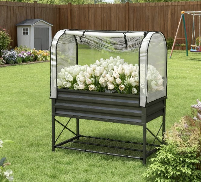 Metal Elevated Planter Box,Raised Garden Bed with Legs and Cover,with Bottom Shelf and Liner for Vegetables Media 7