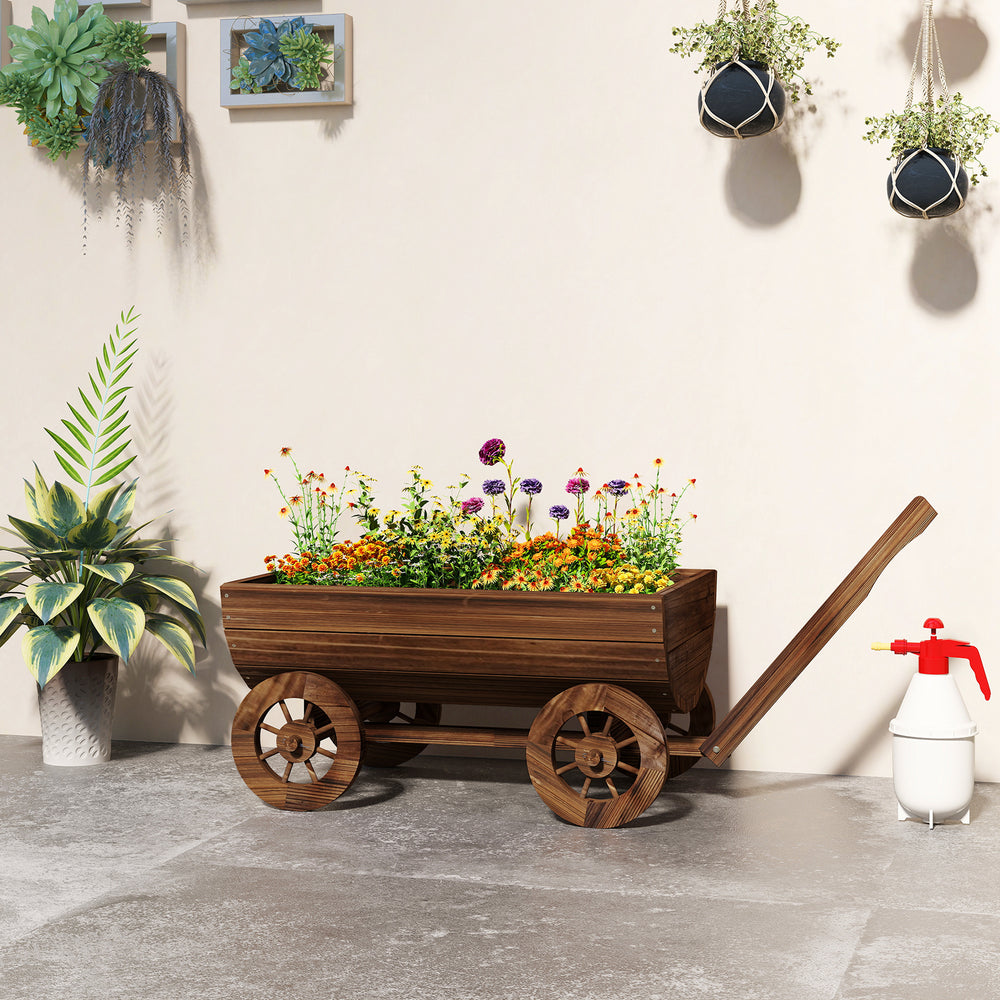 Outsunny Wooden Wagon Planter Box, Mobile Garden Planter with 4 Wheels, Small Wheelbarrow Wagon Flower Cart with Drainage Hole Media 9