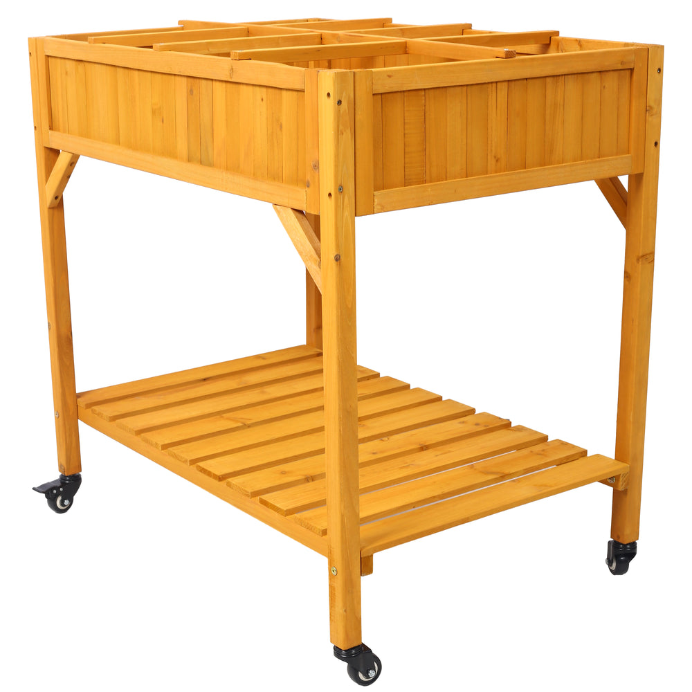 Elevated 8 Pocket Herb Garden Bed, Mobile Raised Customizable Wood Planter for Herbs, Vegetables, Flowers w/ Lockable Wheels, Storage Shelf, Drainage Holes Media 7
