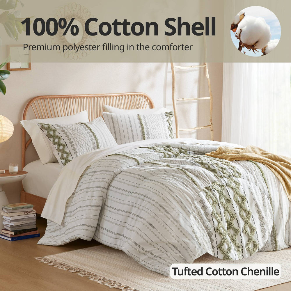 3 PCS Full/Queen Cotton Printed Duvet Cover Set with Chenille Sage/Ivory Media 14