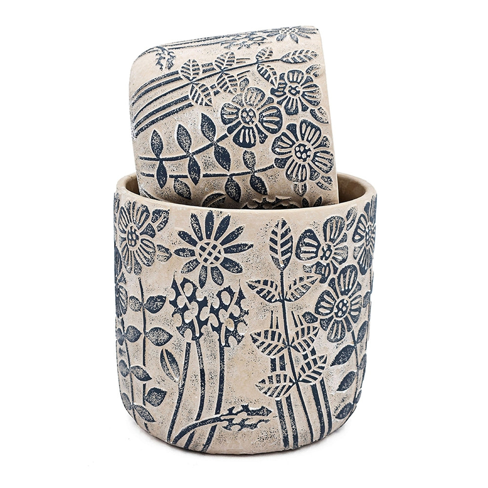 S/2 Gray Sand and Cement Planters with Blue Floral Motif, L:D7x6.7' S:D5.5x5' Media 4