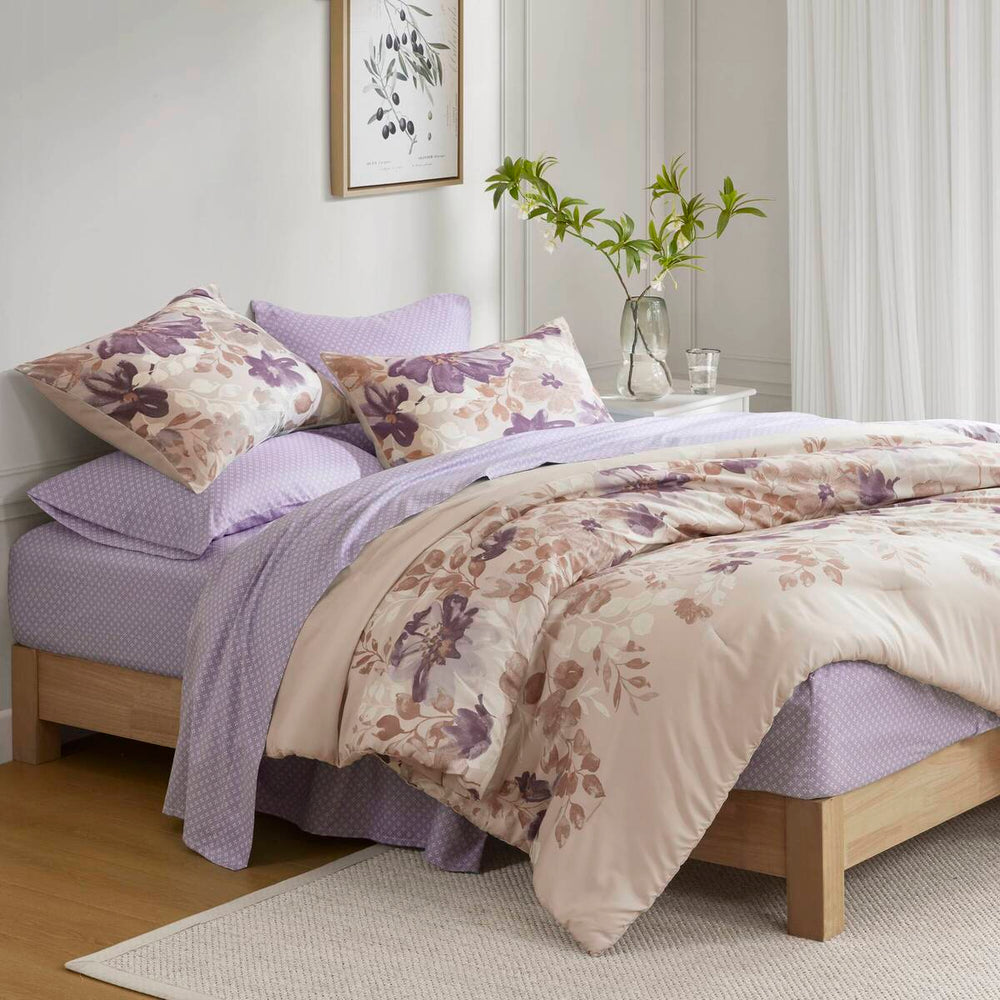 Floral Comforter Set with Bed Sheets Taupe Twin Media 2