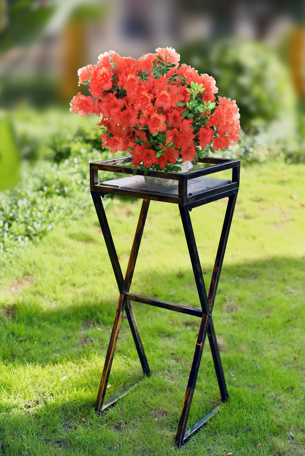 35.5' Gray Stone Slab Black / Gold Metal Plant Stand Media 2