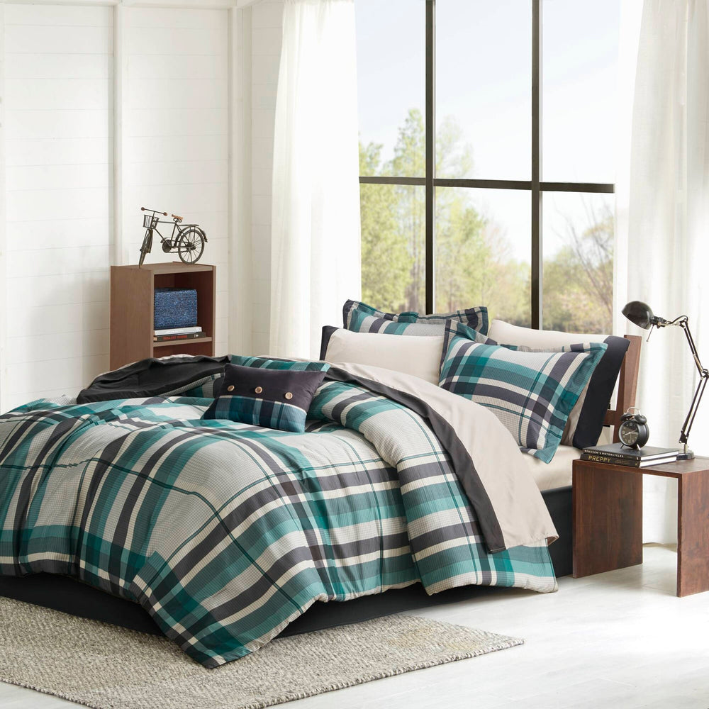 7 PCS Twin Plaid Comforter Set with Bed Sheets Teal/Black Media 1