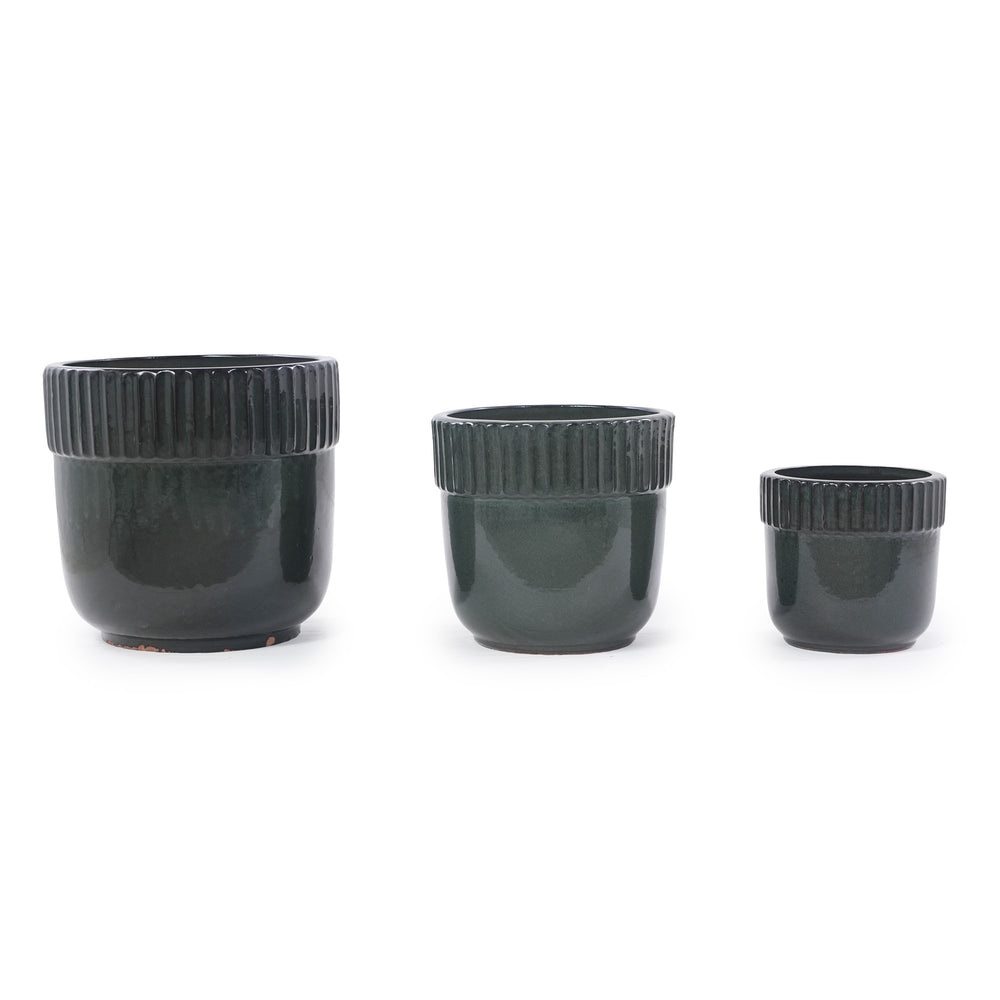 Handmade Ceramic Planter Set of 3, 15/12/9 Inch Diameter, Dark Green Vertical Ribbed Pattern, for Succulents Indoor/Outdoor Use on Windowsill & Bookshelf, Breathable Clay Media 4