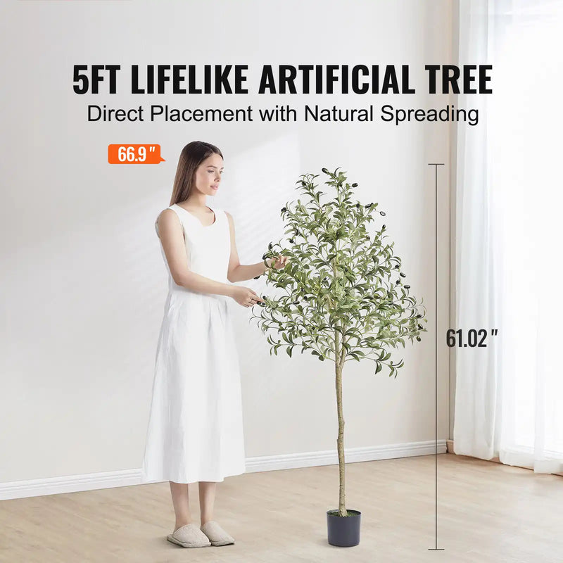 Artificial Olive Tree, 5 FT Tall Faux Plant, Secure PE Material & Anti-Tip Tilt Protection Low-Maintenance Plant, Lifelike Green Fake Potted Tree for Home Office Warehouse Decor Indoor Outdoor