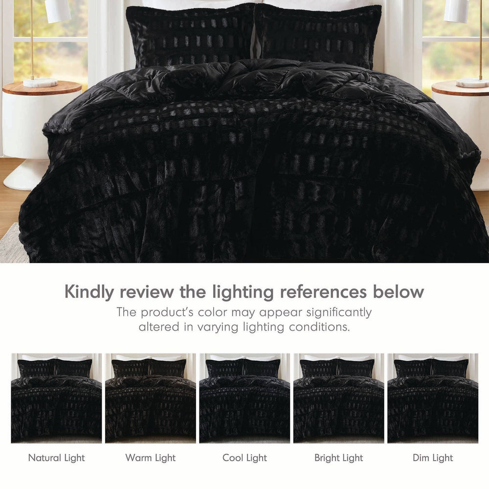 3 PCS King/Cal King Solid Faux Fur Comforter Mini Set Black Media 3