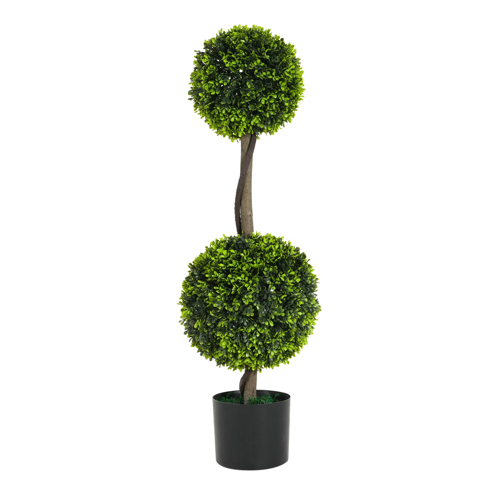34' Artificial Topiary Boxwood Tree Double Ball with Black Plastic Pot, Set of 2 Media 4