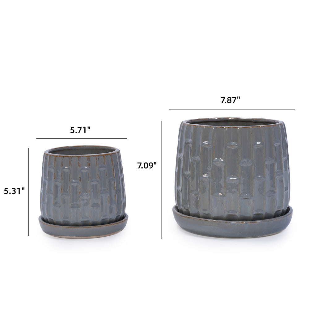 Handmade Gray Glazed Ceramic Planter Set of 2, 6' & 8' Diameter, Vertical Ribbed Pattern, for Succulents & Herbs Indoor/Outdoor Shelf & Table Use, Breathable Clay with Saucers Media 6